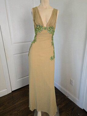Vintage Mandalay Green Silk Beaded Sequin Y2K Plunging V Neck Evening Gown 6